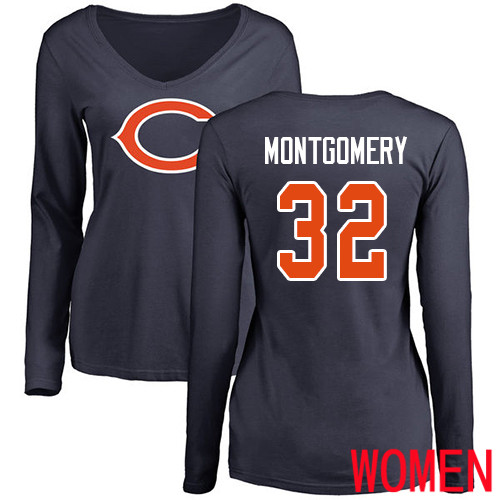 Chicago Bears Navy Blue Women David Montgomery Name and Number Logo NFL Football #32 Long Sleeve T Shirt